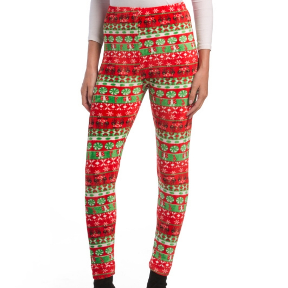 NWOT Women's Christmas Plush White Red Green Leggings Size M